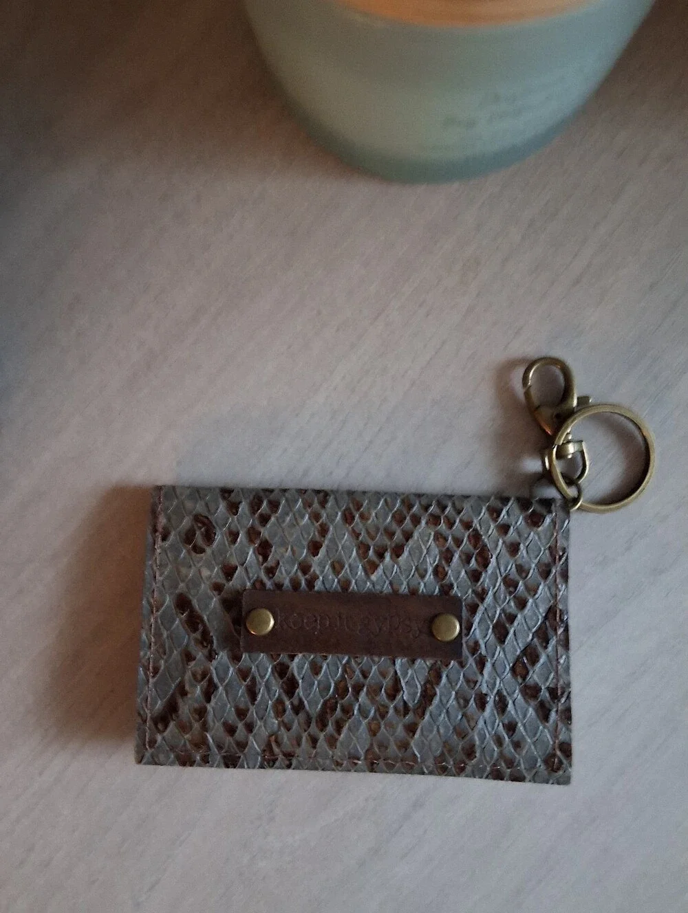 Trendy Upcycled Leather Keychain/Card Holder with Embossed Leather Emblem - NWT